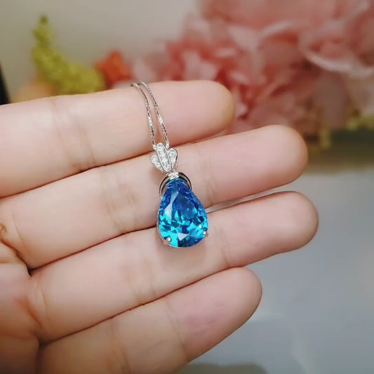 Sterling Silver Teardrop Blue Topaz Necklace -  Large Solitaire 6 CT Blue Topaz Jewelry - 18KGP - November Birthstone #784