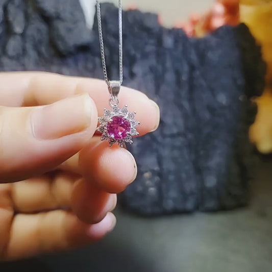 Minimalist Pink Tourmaline Necklace - 18KGP @ Sterling Silver -   Sunflower Princess Diana Style  - Tiny Pink Tourmaline Pendant 018