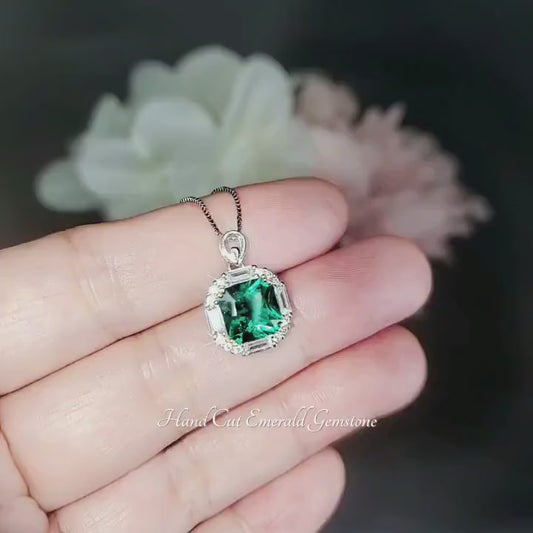 Gemstone Square Emerald Necklace - 18kgp @ Sterling Silver - Dainty Green Emerald Jewelry - May Birthstone #305