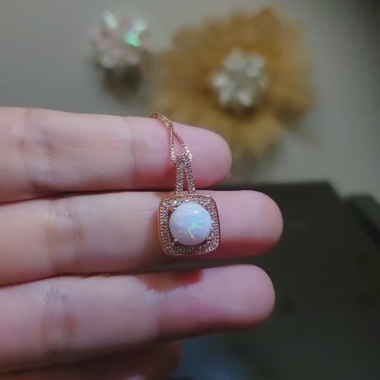Rose Gold Opal Necklace - Square White Opal Pendant - Rose Gold Coated Sterling Silver Box Opal Jewelry