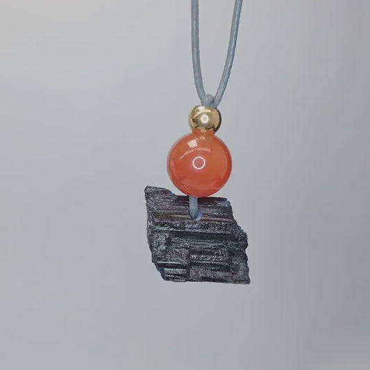 Raw Black Tourmaline Red Carnelian Necklace, Chunky Geometric Protective Stone Jewelry, Zen Boho Amulet, adjustable leather cord