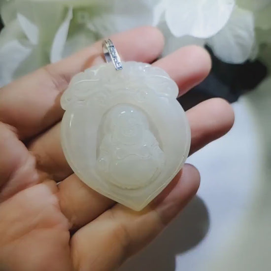 White Jade Buddha Pendant: Sterling Silver Bezel, Natural Stone chunky stone jewelry #2086