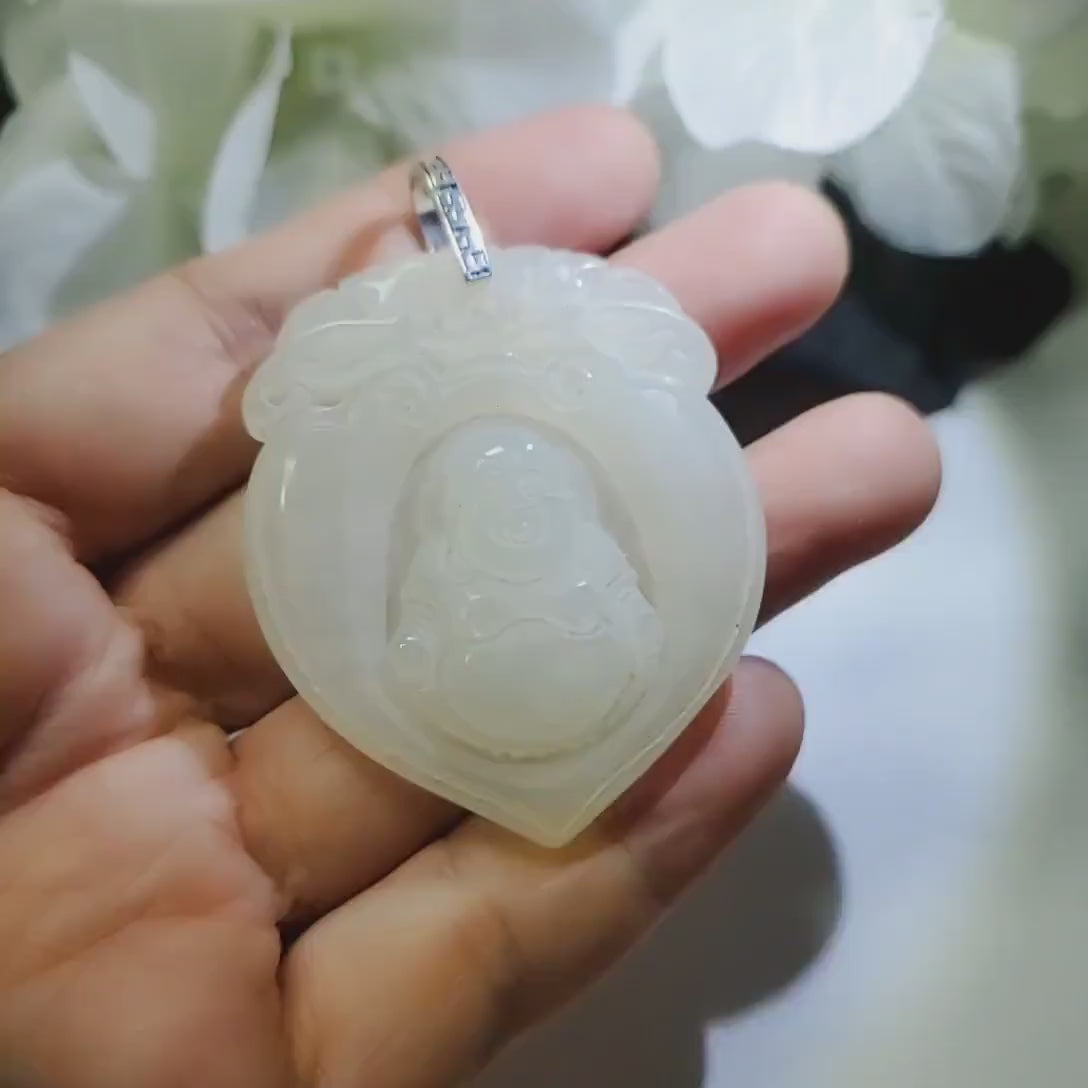 White Jade Buddha Pendant: Sterling Silver Bezel, Natural Stone chunky stone jewelry #2086