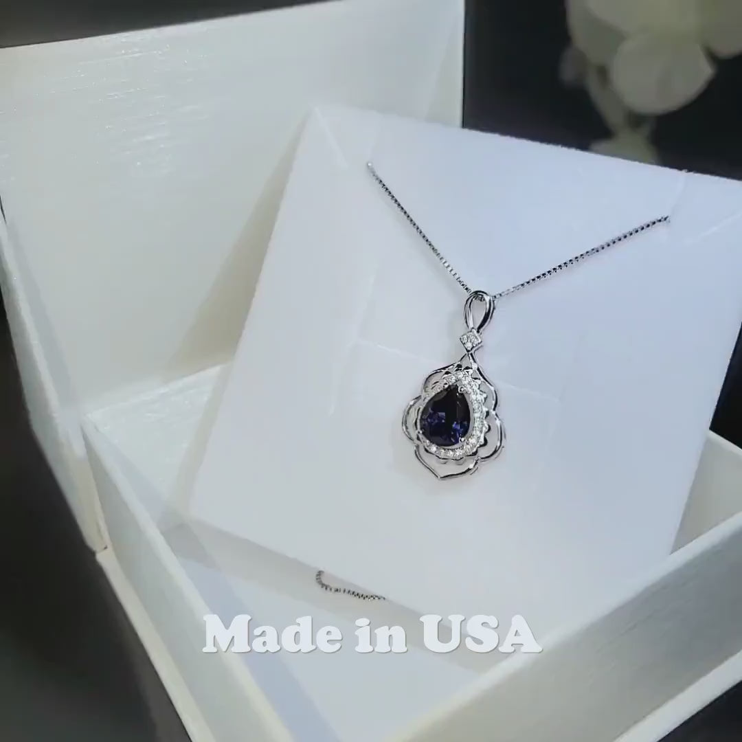 Teardrop Blue Sapphire Necklace 2.75 CT  Royal Blue Sapphire Gemstone Pendant Sterling Silver Pear White Gold Petal Jewelry #773