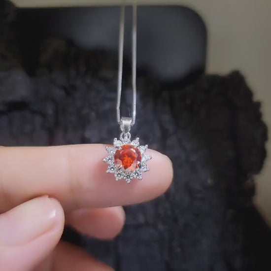 Tiny Sunstone Necklace - Sterling Silver Tangerine Sapphire Red Orange Spessartite Garnet Necklace - Princess Diana Style Sunflower  013