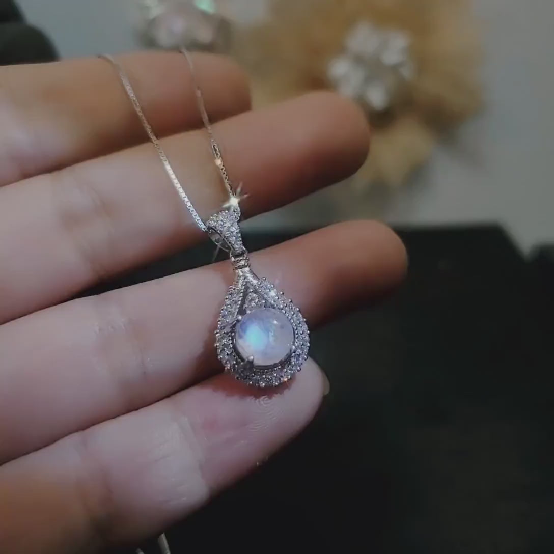 Genuine Flash Moonstone Necklace - Sterling Silver Teardrop Cubic Zirconia Pendant - Round Moonstone Jewelry 1083