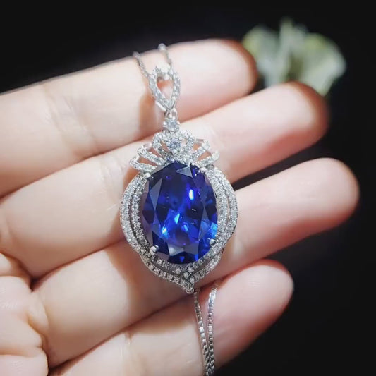 Large Sapphire Sterling Silver Necklace 14 ct Oval Royal Lab Created Blue Sapphire Gemstone Crown Pendant 18k White Gold Plated  #919