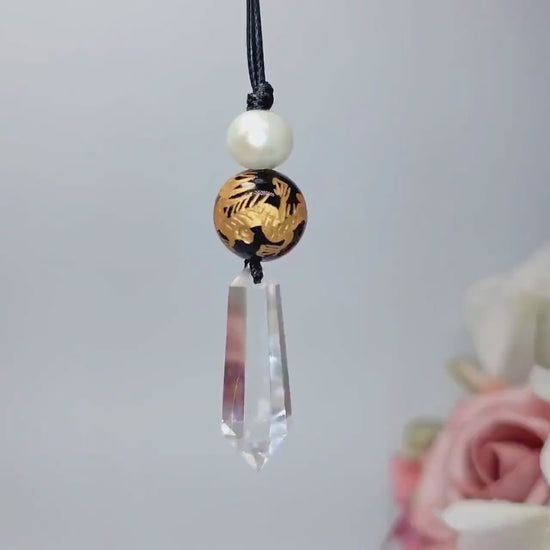 Clear Quartz Dragon Necklace, Black Onyx Chunky Geometric Pendant, Personalized Birthstone Jewelry for Men Women, Adjustable Leather Cord