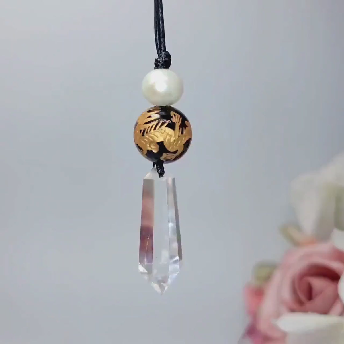 Clear Quartz Dragon Necklace, Black Onyx Chunky Geometric Pendant, Personalized Birthstone Jewelry for Men Women, Adjustable Leather Cord