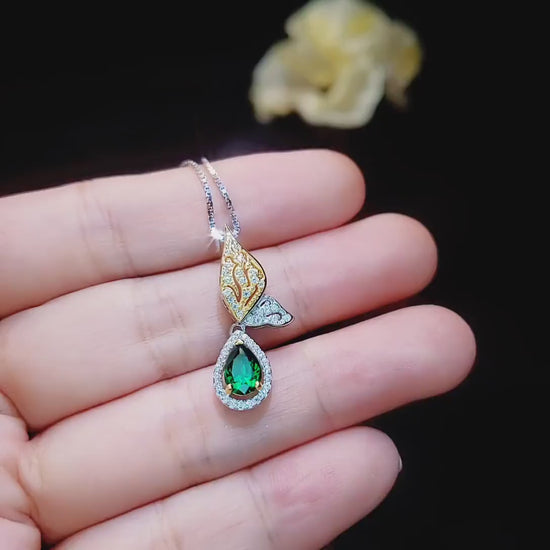 Green Emerald Necklace - Butterfly Flower Pendant - 18kgp @ Sterling Silver - 1 CT Teardrop Emerald Jewelry #517