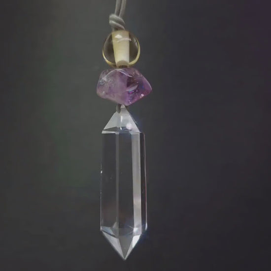 Natural Clear Quartz Amethyst Citrine Necklace, Raw Crystal Point Pendant, Adjustable Leather Chunky Healing Jewelry, Gift for Him #2089