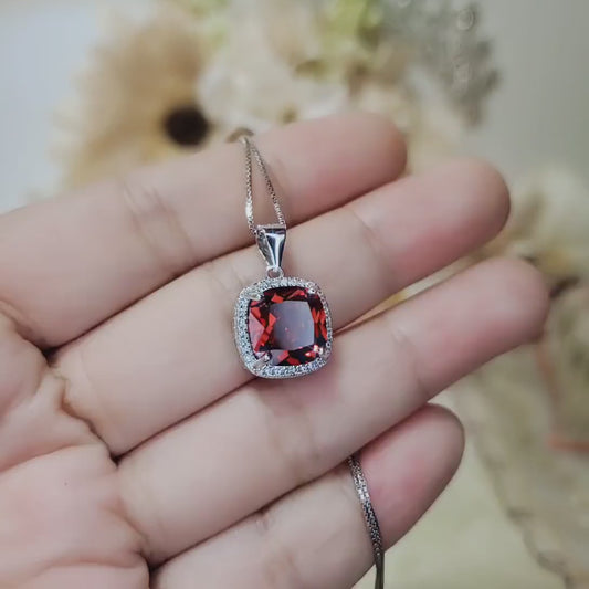Spessartite Garnet Necklace 5CT Large Square Garnet Pendant - 18kgp Sterling Silver Solitaire Red Orange Garnet Jewelry lab created gem #441