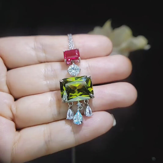 Geometric Scissor Green Peridot Necklace - Sterling Silver Tassel Dangle Lab Created Synthetic Peridot CZ Pendant #905