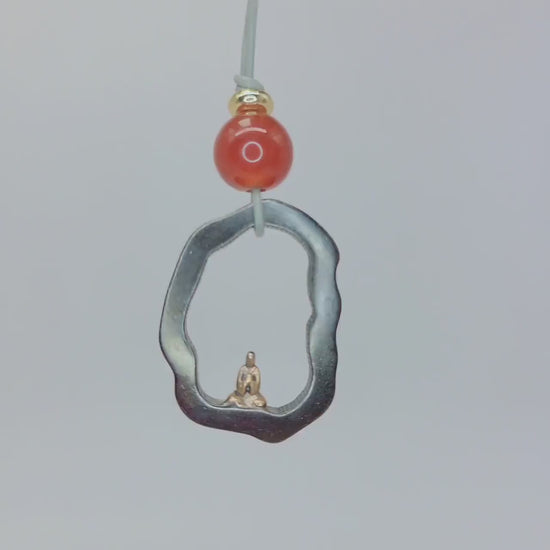 Zen Buddha Pendant Necklace in  Titanium Steel, Red Agate Spiritual Amulet, Meditating Monk Leather Cord Protection Jewelry Yoga Chunky Gift