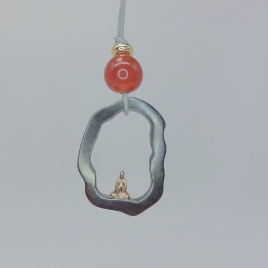 Zen Buddha Pendant Necklace in  Titanium Steel, Red Agate Spiritual Amulet, Meditating Monk Leather Cord Protection Jewelry Yoga Chunky Gift
