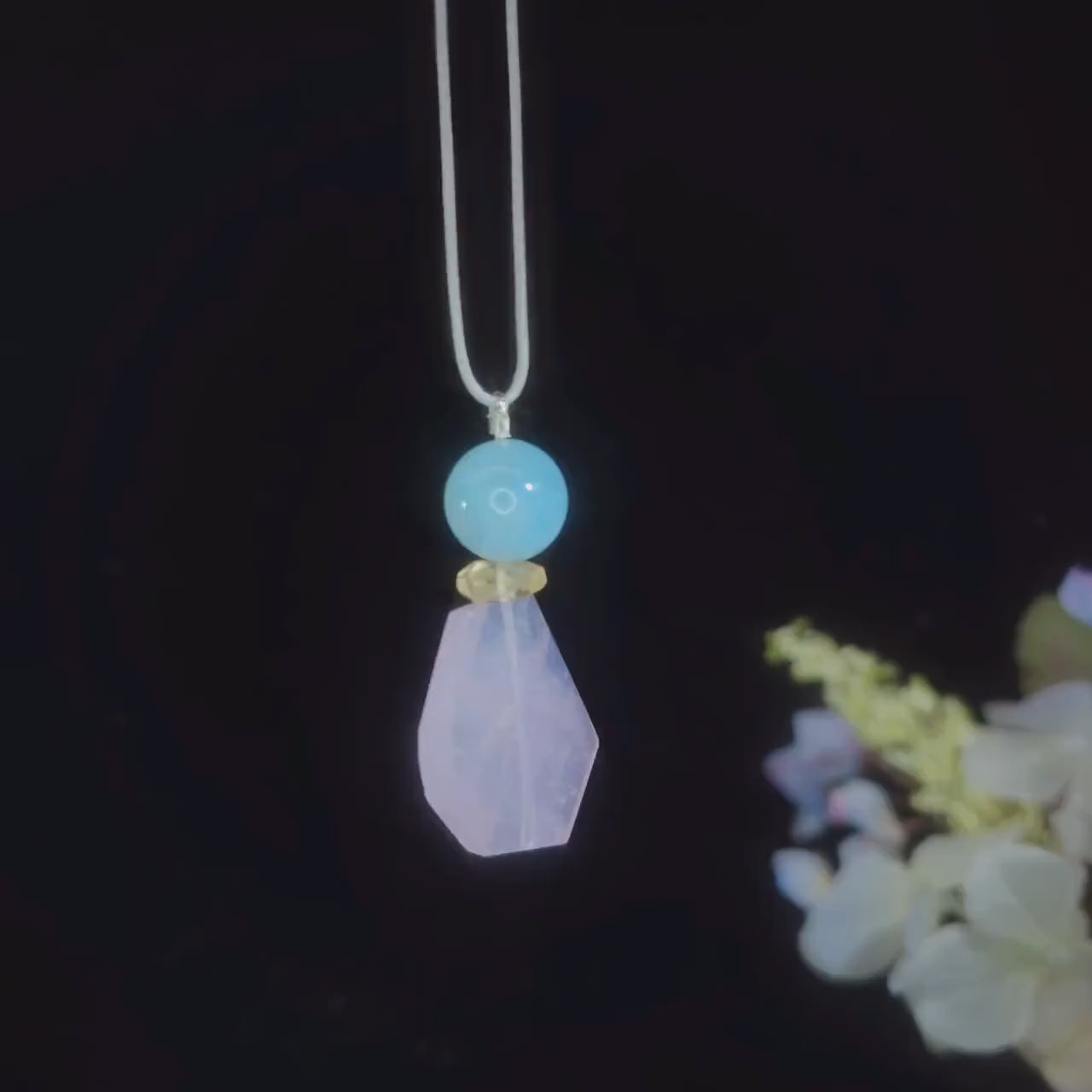 Chunky Rose Quartz & Aquamarine Necklace, Geometric Zen Jewelry, Natural Citrine Pendant, Adjustable Gray Leather, Birthstone Gift