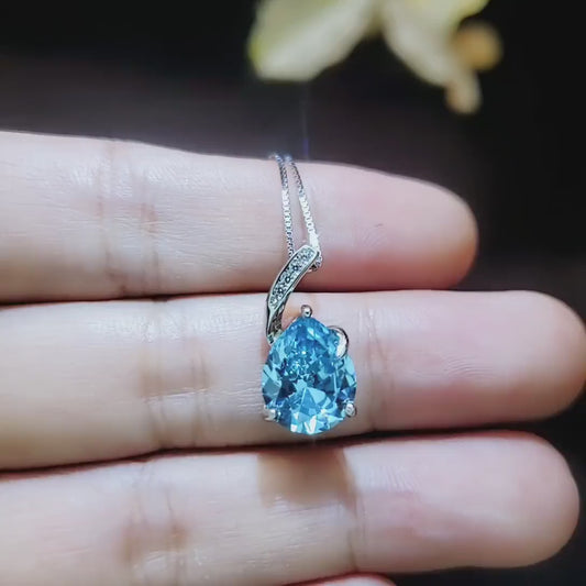 Classic Simple Aquamarine Necklace - 18KGP& Sterling Silver - Teardrop Blue Aquamarine Pendant - March Birthstone - Pear 3.5 CT Large #680