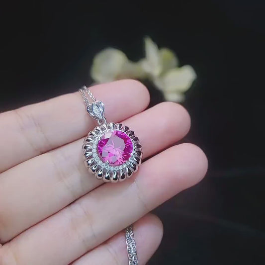 Large Pink Tourmaline Necklace - 18KGP @ Sterling Silver - Sunflower Necklace - 4 CT Pink Tourmaline Pendant #587