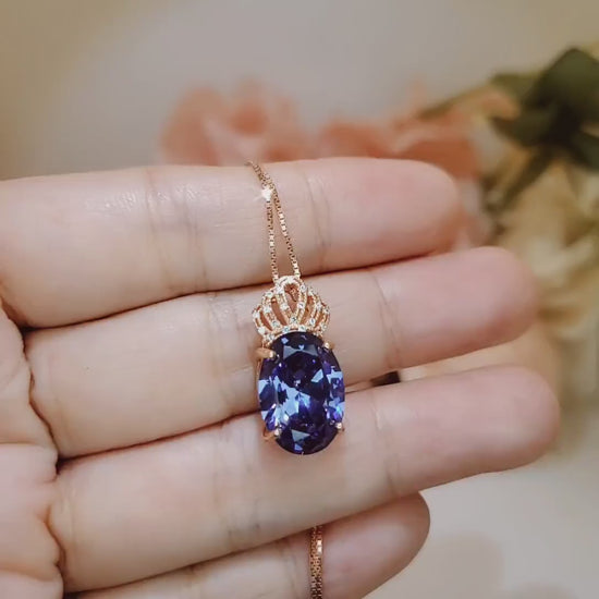 Large Oval Blue Tanzanite Necklace Gemstone Crown 6 CT  Energic Tanzanite Pendant Sterling Silver Rose Gold Coated #812
