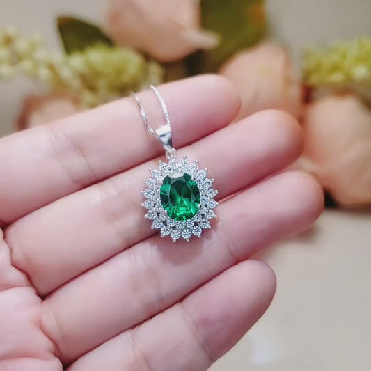 Double Halo Gemstone Emerald Necklace - White Gold Sterling Silver  Halo Solitaire 3 Ct Emerald Pendant - Oval Cut May Birthstone #628