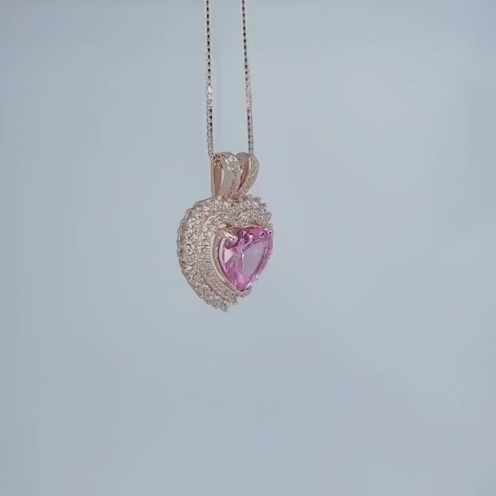 Pink Tourmaline Necklace - Double Halo Heart Rose gold at Sterling Silver - 8mm 2 ct Pink Tourmaline Pendant Jewelry #975