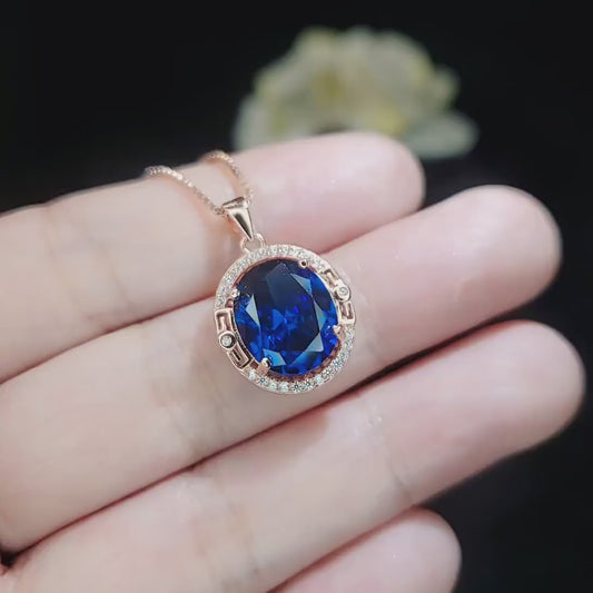 Rose Gold Blue Sapphire Necklace 4.5 CT Oval Royal Blue Gemstone Gemstone Halo Sterling Silver Pendant September Birthstone #745