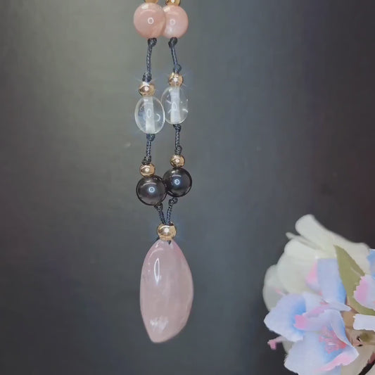 Chunky Rose Quartz Pendant Necklace, Genuine Obsidian Sunstone & Clear Quartz, 30" Adjustable Vegan Cord, Large Pink Crystal Healing Jewelry