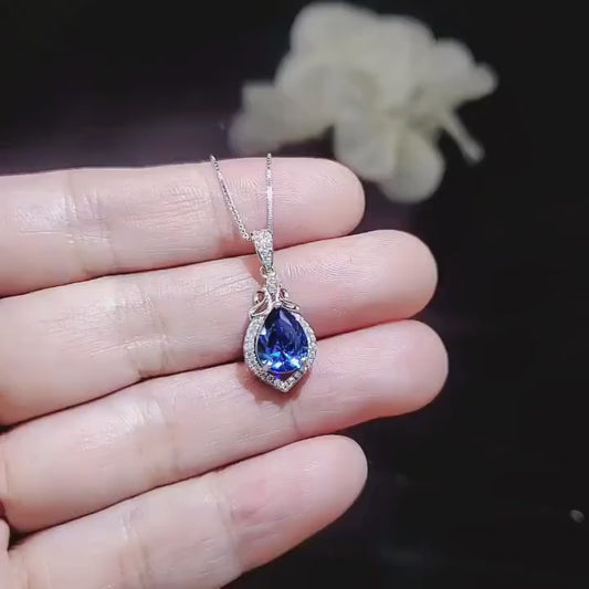 Blue sapphire necklace - 18kgp @ sterling silver - September Birthstone - Pear Cut Teardrop Blue Sapphire Pendant  Chain #315