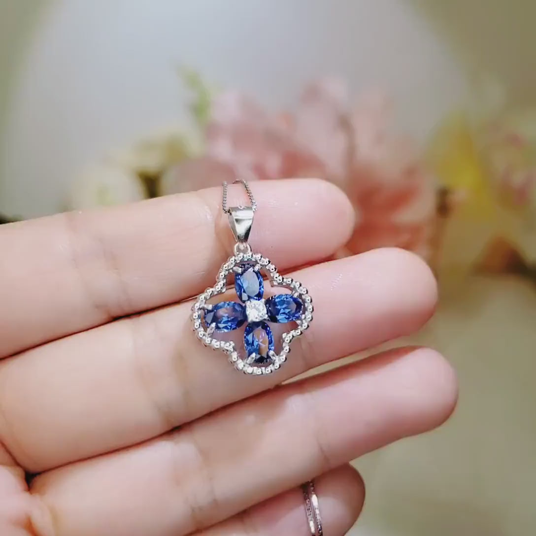 Tanzanite Necklace - Sterling Silver Four leaf Clover Necklace - December Birthstone  - Blue Purple Tanzanite Jewelry #246