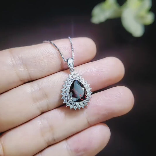 Double Halo Teardrop Garnet Necklace - 18KGP Sterling Silver - 2.75 CT Large Deep Red Garnet Pendant -  Gemstone Pear Jewelry #684