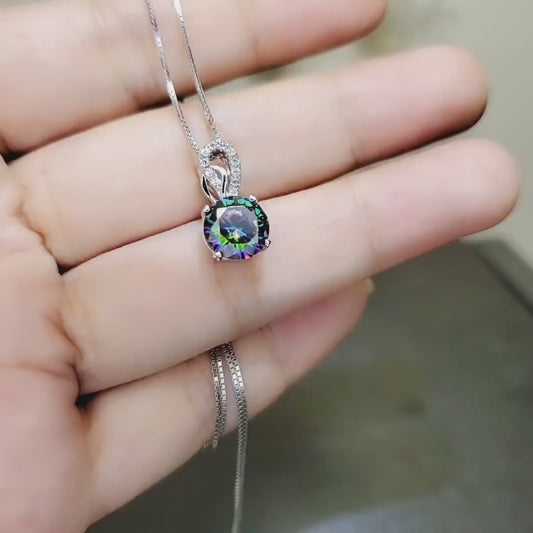 Round Mystic Topaz Necklace Sterling Silver 2 ct Round Sim Gemstone Rainbow Pendant 18k White Gold Coated Solitaire Halo Minimalist 094