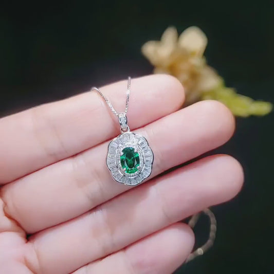 Tiny Emerald Necklace Gemstone Lotus Sterling Silver Flower Green Gemstone Pendant White Gold plated May Birthstone #328