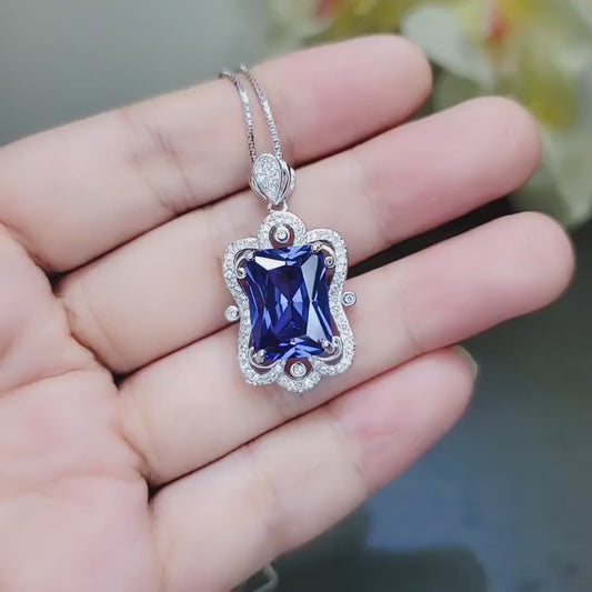 Large Rectangular Tanzanite Necklace Royal Gemstone Flower White Gold Coated Sterling Silver 10 CT LAB Created Blue Tanzanite Pendant #864