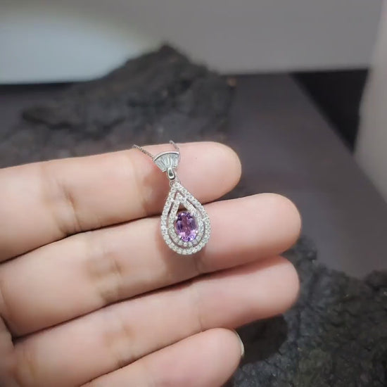 Tiny Natural Amethyst Necklace Sterling Silver Teardrop Halo Genuine Amethyst Jewelry #431