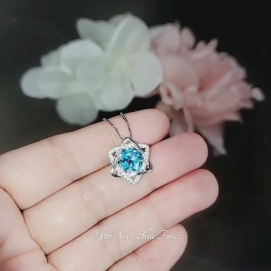 Blue Topaz Necklace - Gemstone David Star Necklace - Sterling Silver White Gold Plated Celestial Geometric Art Deco Jewelry #383