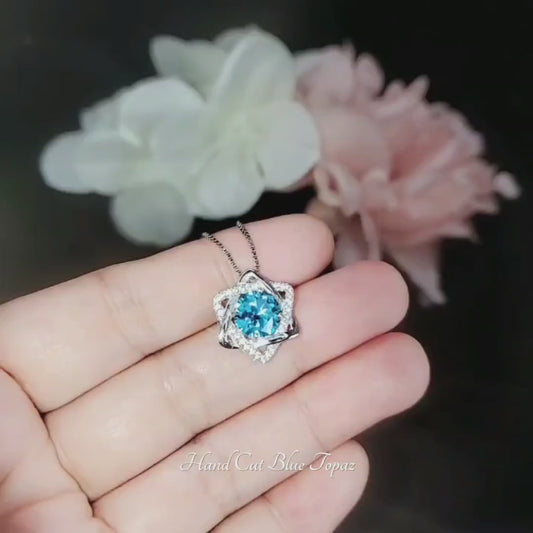 Blue Topaz Necklace - Gemstone David Star Necklace - Sterling Silver White Gold Plated Celestial Geometric Art Deco Jewelry #383