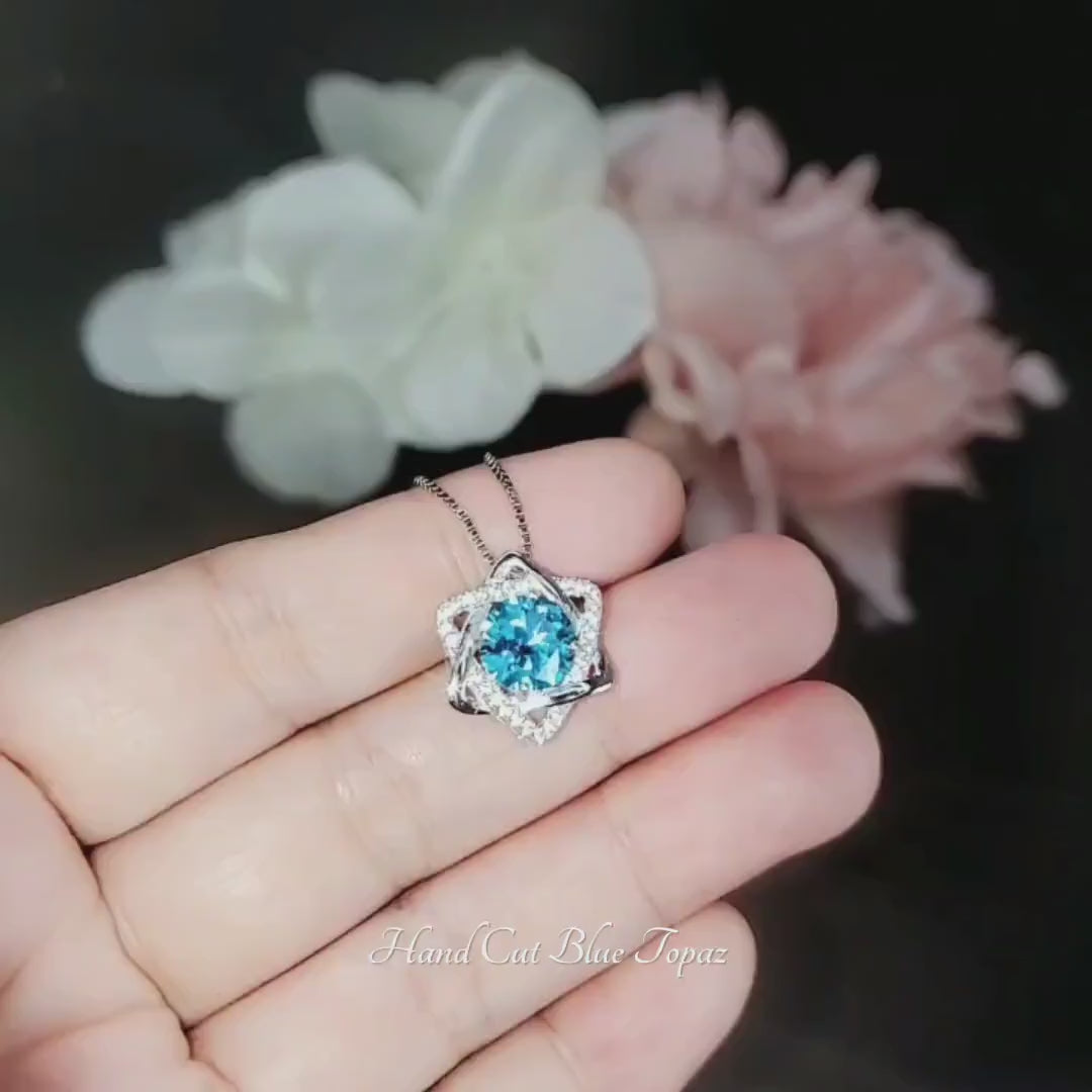 Blue Topaz Necklace - Gemstone David Star Necklace - Sterling Silver White Gold Plated Celestial Geometric Art Deco Jewelry #383