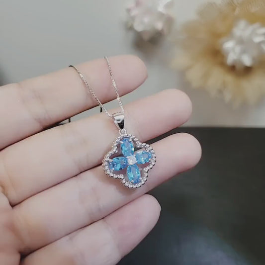 Blue Topaz Necklace - Four Leaf Clover Blue Topaz Pendant - Full Sterling Silver Blue Gemstone Jewelry #135