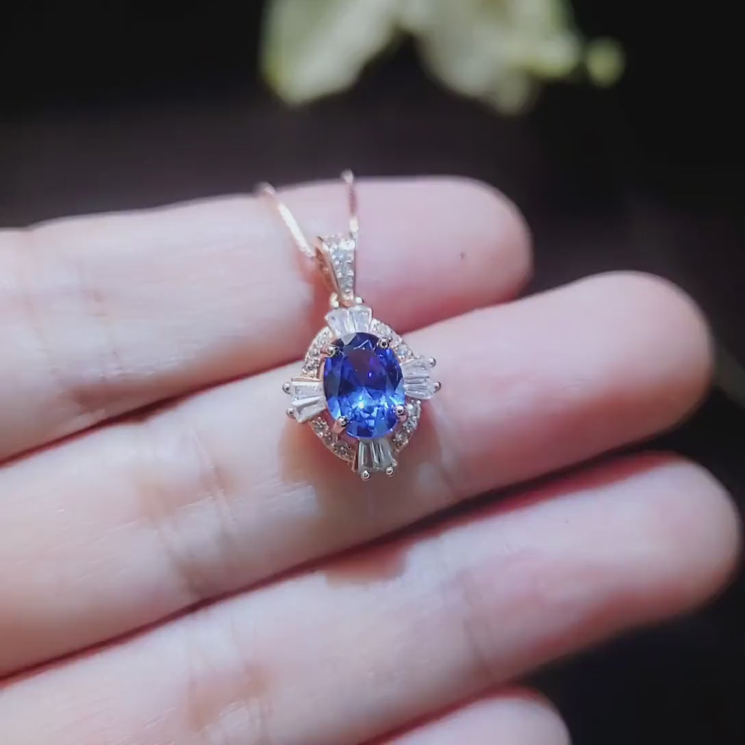 Blue Sapphire Rose Gold Necklace Rose Gold Sterling Silver Gemstone Oval Blue Gemstone Pendant September Birthstone #163
