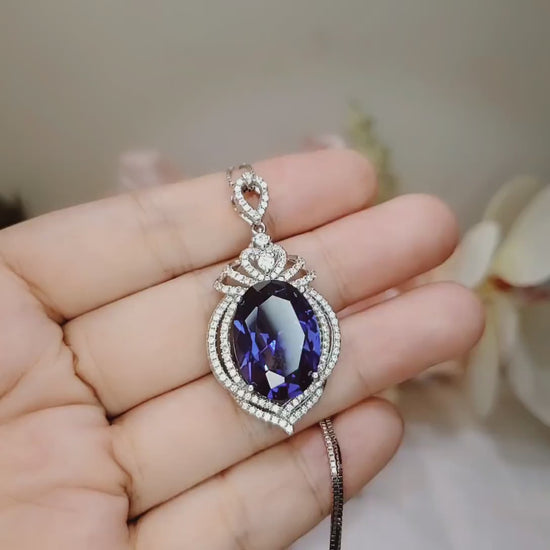 Large Tanzanite Sterling Silver Necklace 14 ct Oval fine Cut Blue Tanzanite Pendant - Crown Pendant 18k White Gold Coated Jewelry #916