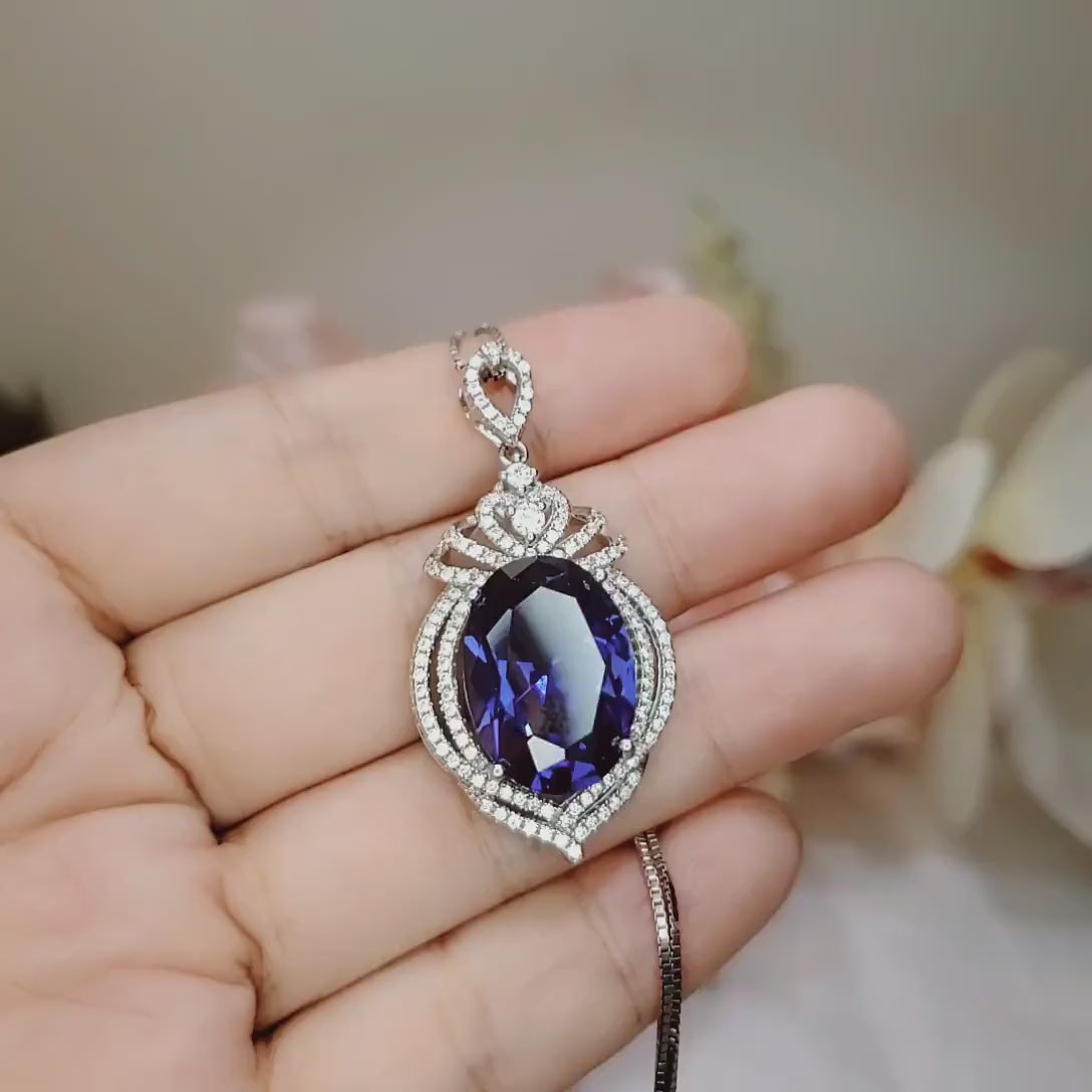 Large Tanzanite Sterling Silver Necklace 14 ct Oval fine Cut Blue Tanzanite Pendant - Crown Pendant 18k White Gold Coated Jewelry #916