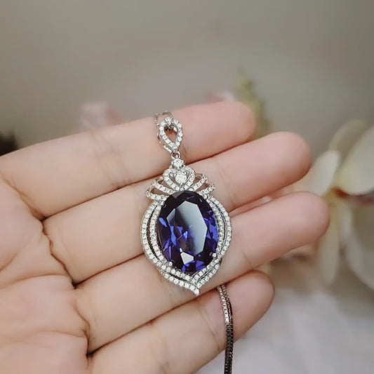 Large Tanzanite Sterling Silver Necklace 14 ct Oval fine Cut Blue Tanzanite Pendant - Crown Pendant 18k White Gold Coated Jewelry #916