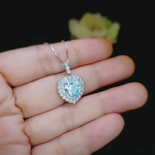 Aquamarine Heart Necklace - Sterling Silver 2 CT Blue Gemstone Gemstone  Aquamarine Pendant - March Birthstone White Gold Plated #366