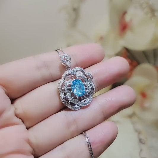 Large Peony Aquamarine Necklace - Full Sterling Silver  2.1 CT Blue Aquamarine Pendant  - White Gold plated Gemstone Flower Jewelry #553