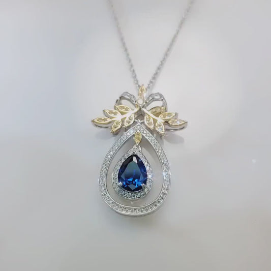 Teardrop Blue Sapphire Necklace Large Gold  the Tree Of Life Pendant 18KGP Sterling Silver olive branch Necklace Blue Sapphire Pendant  #859