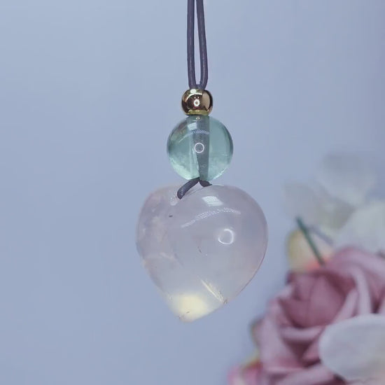 Geometric Heart Rose Quartz Pendant for Love, Chunky Natural Rose Quartz Necklace with Green Fluorite, Adjustable Leather Cord 30" #2561
