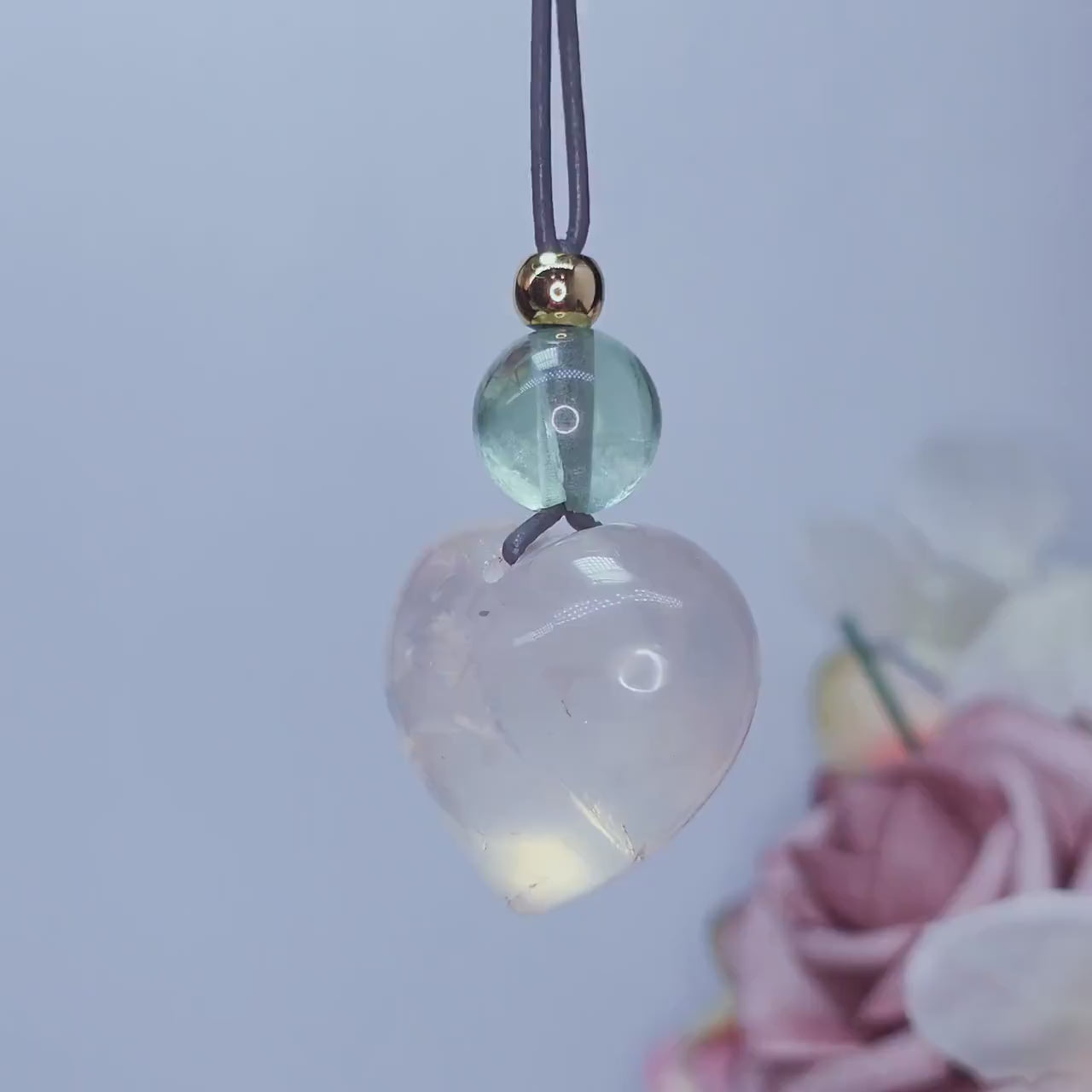 Geometric Heart Rose Quartz Pendant for Love, Chunky Natural Rose Quartz Necklace with Green Fluorite, Adjustable Leather Cord 30" #2561