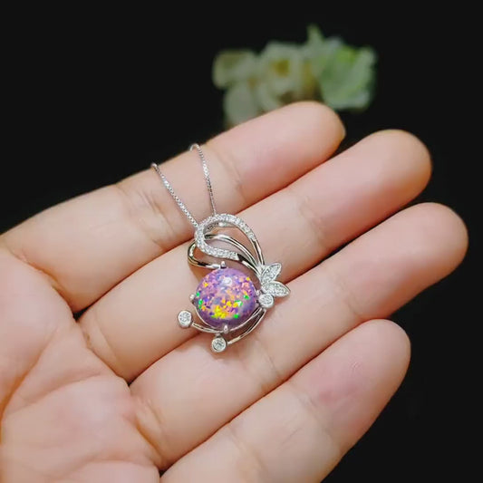 Rainbow Purple Opal Necklace - White Gold coated Sterling Silver Purple Opal Pendant - Butterfly Necklace #511