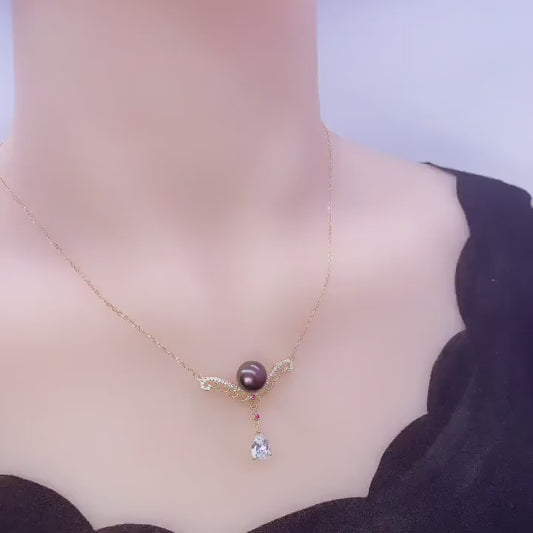 Genuine Black Pearl Necklace, Gold coated sterling Silver Teardrop Cubic Zirconia Black Pearl Jewelry #735
