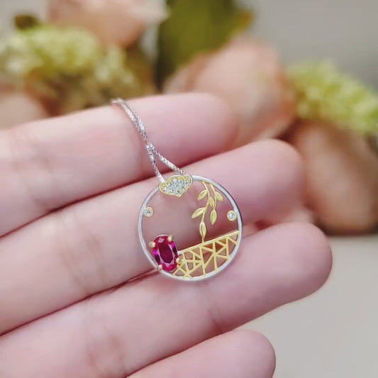 Unique Style Tiny Ruby Necklace - 18kGP Sterling Silver Artistic Poetic Ruby Pendant #292